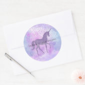 Paarse Sterren Confetti Waterverf Eenhoorn Ronde Sticker (Envelop)
