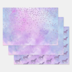 Paarse sterren Confetti Waterverf Unicorn Inpakpapier Vel
