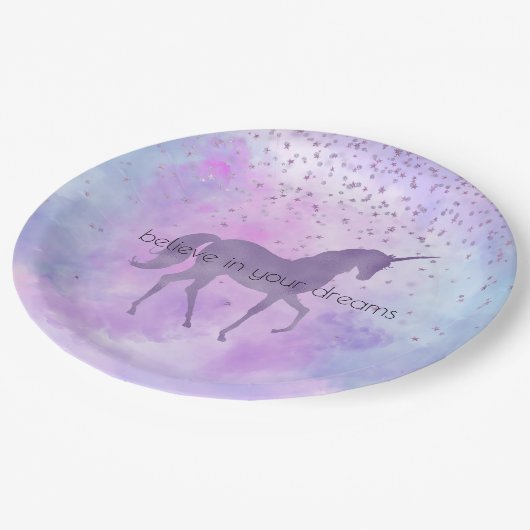 Paarse sterren Confetti Waterverf Unicorn Papieren Bordje (Gekanteld)