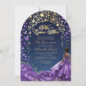 Paarse sterren Floral Quinceanera Kaart (Voorkant)