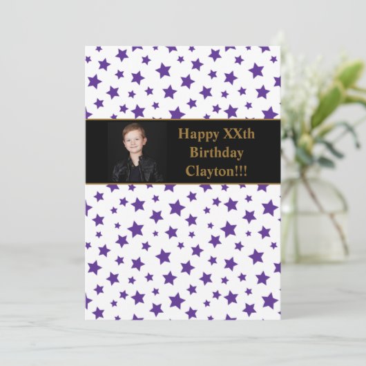 Paarse sterren met berichtfoto van Birthday Party Kaart (Staand voorkant)