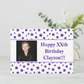Paarse sterren met berichtfoto van Birthday Party Kaart (Staand voorkant)