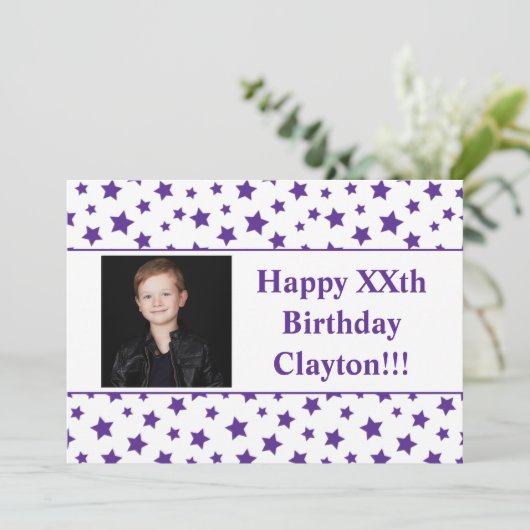 Paarse sterren met berichtfoto van Birthday Party Kaart (Staand voorkant)