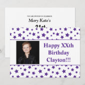 Paarse sterren met berichtfoto van Birthday Party Kaart (Voorkant / Achterkant)