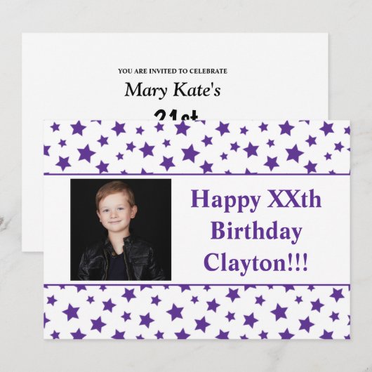 Paarse sterren met berichtfoto van Birthday Party Kaart (Voorkant / Achterkant)