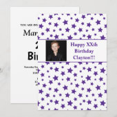 Paarse sterren met berichtfoto van Birthday Party Kaart (Voorkant / Achterkant)