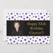 Paarse sterren met berichtfoto van Birthday Party Kaart (Voorkant)