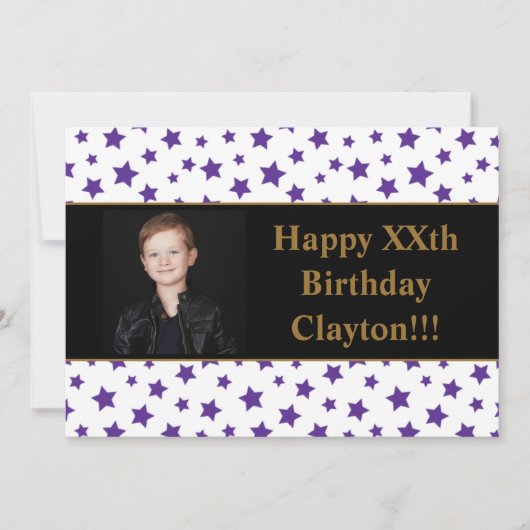 Paarse sterren met berichtfoto van Birthday Party Kaart (Voorkant)