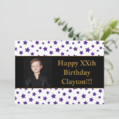Paarse sterren met berichtfoto van Birthday Party Kaart (Staand voorkant)
