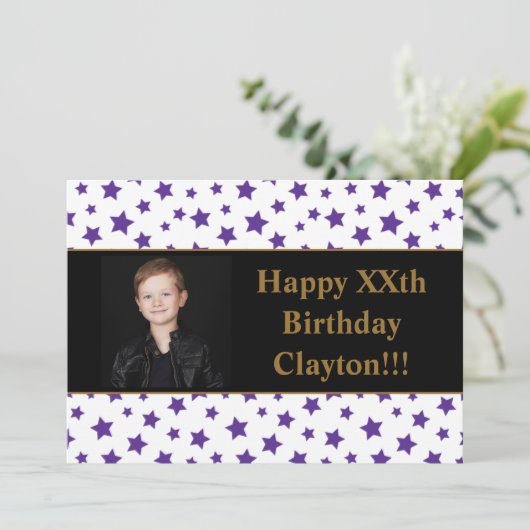 Paarse sterren met berichtfoto van Birthday Party Kaart (Staand voorkant)