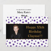 Paarse sterren met berichtfoto van Birthday Party Kaart (Voorkant / Achterkant)