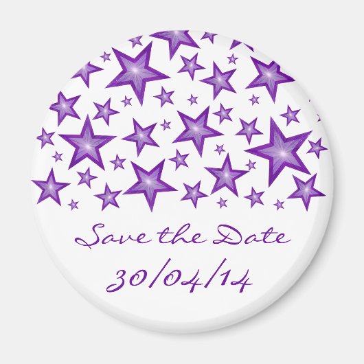 Paarse sterren "Save the Date" fridge magnet wit (Voorkant)