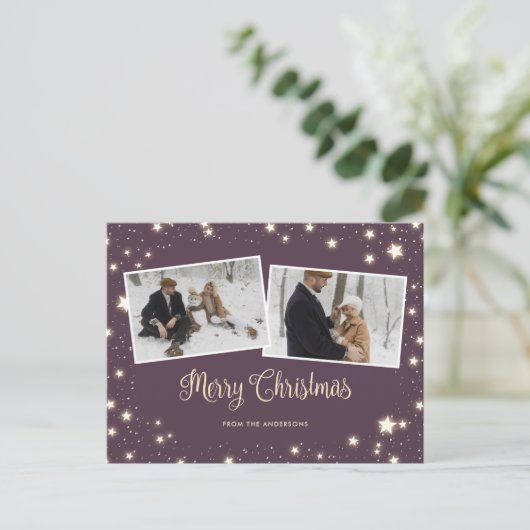 Paarse sterren Sneeuwfoto voor kerst Feestdagenkaart (Staand voorkant)