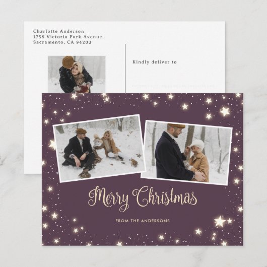 Paarse sterren Sneeuwfoto voor kerst Feestdagenkaart (Voorkant / Achterkant)
