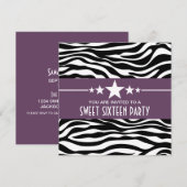 Paarse sterren Zebra Print Sweet 16 Invite Kaart (Voorkant / Achterkant)