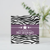 Paarse sterren Zebra Print Sweet 16 Invite Kaart (Staand voorkant)
