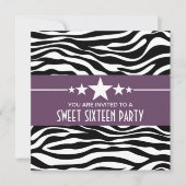 Paarse sterren Zebra Print Sweet 16 Invite Kaart (Voorkant)