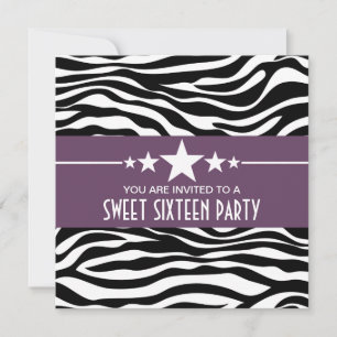 Paarse sterren Zebra Print Sweet 16 Invite Kaart