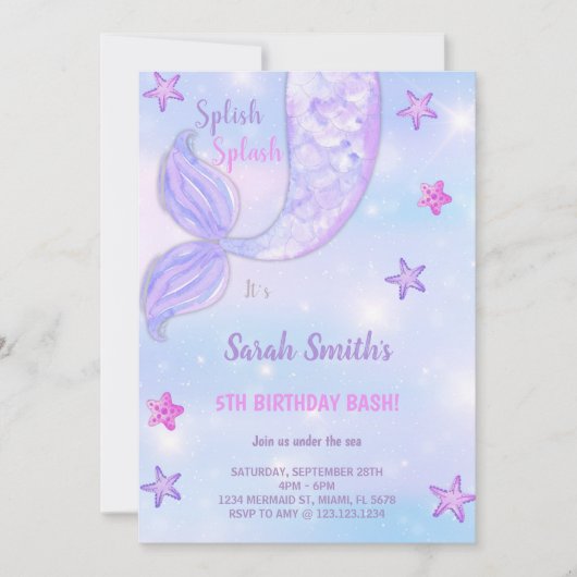  Paarse Sterren Zeemeermin Verjaardag Kaart (Voorkant)