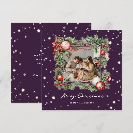 Paarse sterrenkrans foto Merry Christmas Kaart (Voorkant / Achterkant)