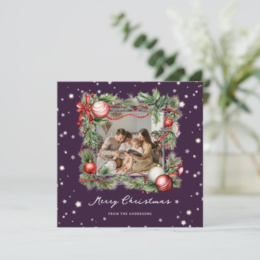 Paarse sterrenkrans foto Merry Christmas Kaart (Staand voorkant)