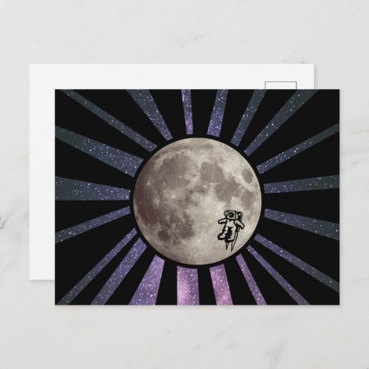 Paarse Sterrenstelsel & Maan met Astronaut Ruimtes Briefkaart (Voorkant / Achterkant)