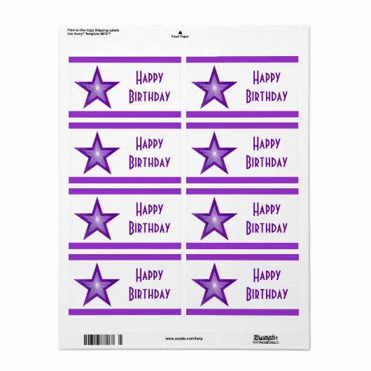 Paarse sterstreep 'Happy Birthday' wit Etiket (Full Sheet)
