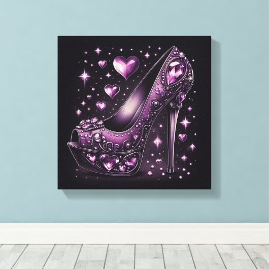 Paarse Stiletto Hoge Hakken met Harten Canvas Afdruk (Insitu (Houten vloer))