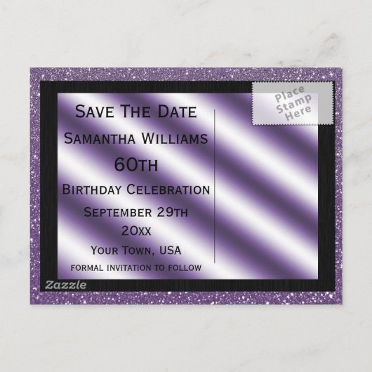 Paarse Stiletto & Streamers 60e Save The Date Aankondigingskaart (Achterkant)