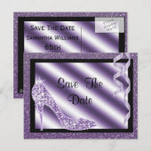 Paarse Stiletto & Streamers 65e Save The Date Aankondigingskaart (Voorkant / Achterkant)