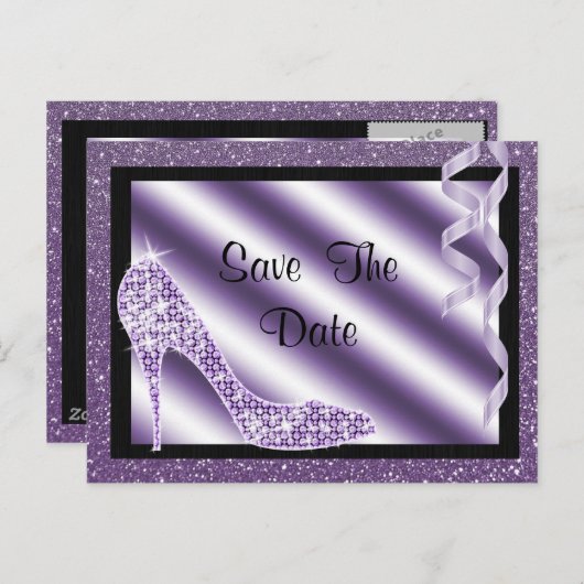 Paarse Stiletto & Streamers 65e Save The Date Aankondigingskaart (Voorkant / Achterkant)