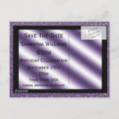 Paarse Stiletto & Streamers 65e Save The Date Aankondigingskaart (Achterkant)