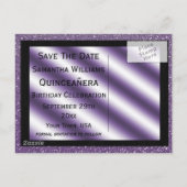 Paarse Stiletto & Streamers Quinceañera Aankondigingskaart (Achterkant)