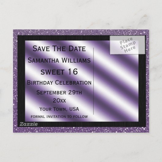 Paarse Stiletto & Streamers Sweet 16 Bewaar de dat Aankondigingskaart (Achterkant)