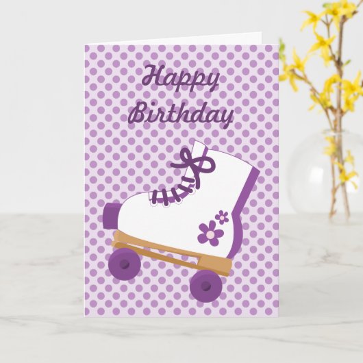 Paarse Stippen Roller Schaats Verjaardag Kaart (Gele Bloem)