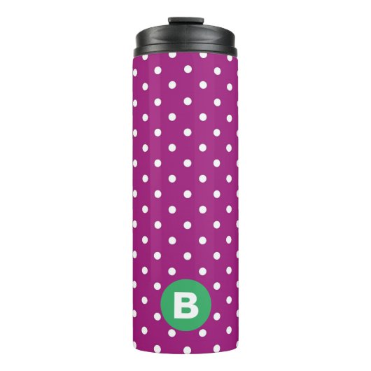 Paarse Stippenpatroon Groene Monogram Thermosbeker (Voorkant)