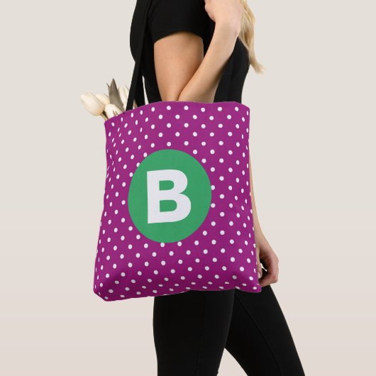 Paarse Stippenpatroon Groene Monogram Tote Bag (Dichtbij)