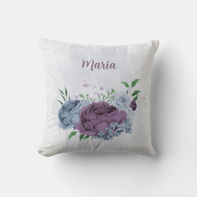 Paarse stoffige blauwe bloem kussen (Voorkant)