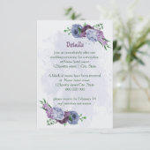 Paarse stoffige blauwe bloemen bruiloft details informatiekaartje (Staand voorkant)