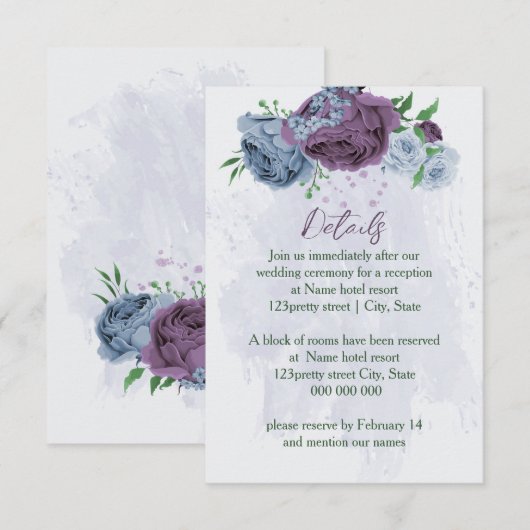 Paarse stoffige blauwe bloemen bruiloft details informatiekaartje (Voorkant / Achterkant)