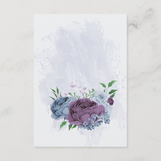 Paarse stoffige blauwe bloemen bruiloft details informatiekaartje (Achterkant)