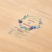 Paarse stoffige blauwe bloemen groene bladeren bru acryl uitnodigingen (Laagn)