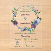 Paarse stoffige blauwe bloemen groene bladeren bru acryl uitnodigingen (Voorkant)