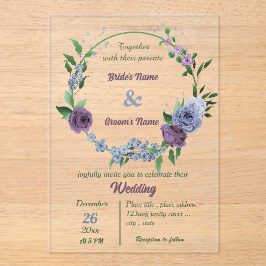 Paarse stoffige blauwe bloemen groene bladeren bru acryl uitnodigingen (Voorkant)