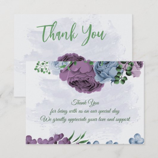 Paarse stoffige blauwe bloemen groene bladeren bru bedankkaart (Voorkant / Achterkant)