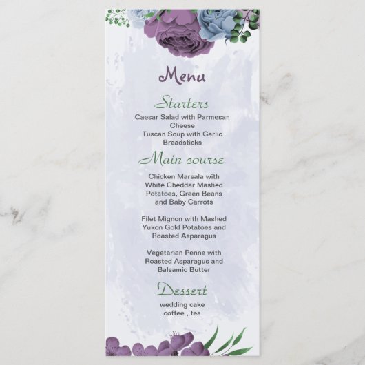 Paarse stoffige blauwe bloemen groene bladeren bru menu (Voorkant)