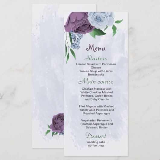 Paarse stoffige blauwe bloemen groene bladeren bru menu (Voorkant / Achterkant)