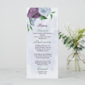 Paarse stoffige blauwe bloemen groene bladeren bru menu (Staand voorkant)