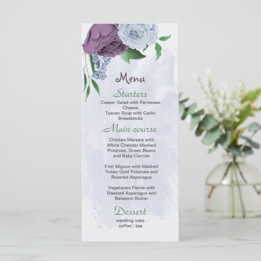 Paarse stoffige blauwe bloemen groene bladeren bru menu (Staand voorkant)