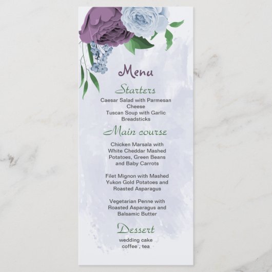 Paarse stoffige blauwe bloemen groene bladeren bru menu (Voorkant)